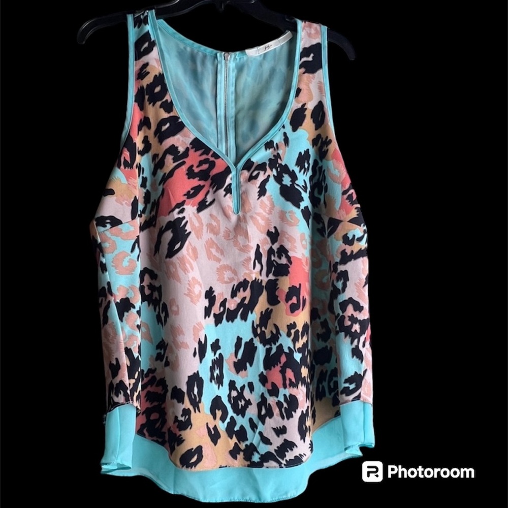 Animal Print dual layer Tank Tunic Zip Front, Blue Turquoise, Tan, Sz L